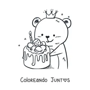 Imagen para colorear de un oso animado con un pastel de cumpleaños de fresa