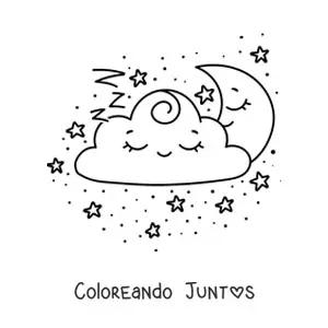 Imagen para colorear de nube kawaii durmiendo con luna kawaii durmiendo y estrellas