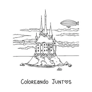 Imagen para colorear de castillo en una isla con nubes realistas en el cielo y un dirigible al fondo