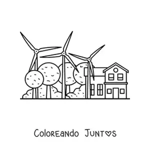 Imagen para colorear de molinos de viento proporcionando electricidad a una casa, con árboles de fondo