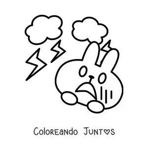 Imagen para colorear de conejo animado asustado por una tormenta eléctrica