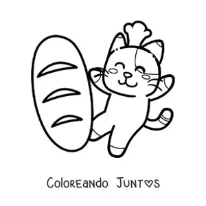 Imagen para colorear de un gato kawaii animado con un pan de trigo