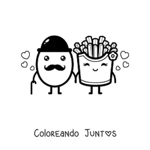 Imagen para colorear de una pareja de papa con bigote junto a unas papas fritas animadas