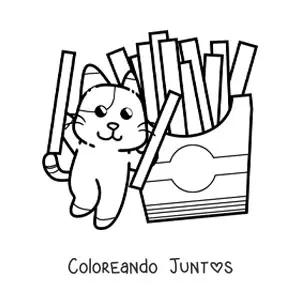 Imagen para colorear de un gato animado jugando con unas papas fritas