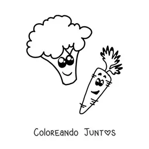 Imagen para colorear de una zanahoria animada junto a un brocoli animado