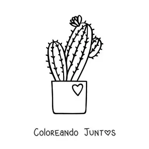 Imagen para colorear de un cactus con una flor en una maceta con un corazón