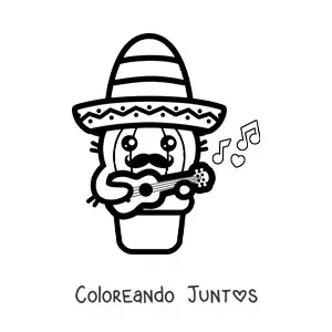 Imagen para colorear de un cactus kawaii con sombrero mexicano
