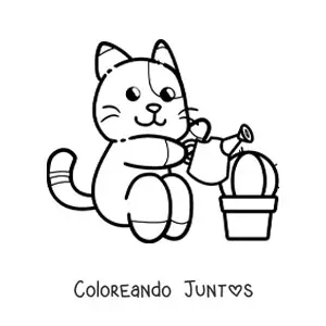 Imagen para colorear de un gato animado regando un cactus
