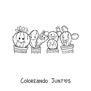 Imagen para colorear de cuatro cactus kawaii animados