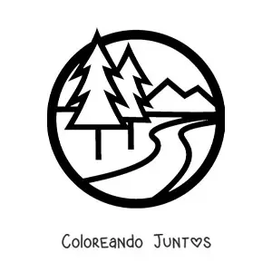 Imagen para colorear de una montaña con un río y pinos