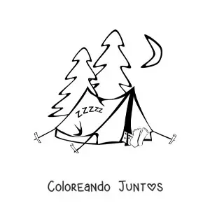 Imagen para colorear de un campamento en un bosque de pinos