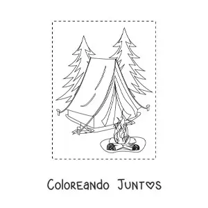 Imagen para colorear de una carpa y una hoguera en un bosque de pinos