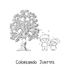 Imagen para colorear de dos niños y un árbol de cerezo