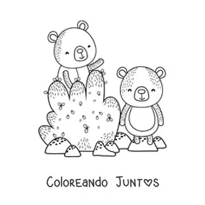 Imagen para colorear de dos osos animados junto a un arbusto