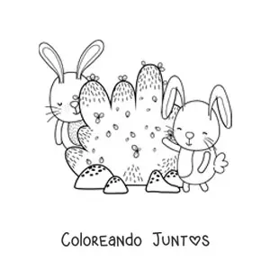 Imagen para colorear de dos conejos animados junto a un arbusto