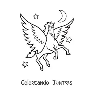 Imagen para colorear de unicornio con alas animado volando en la noche con estrellas de fondo