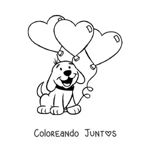 Imagen para colorear de un perro animado con tres globos de corazón