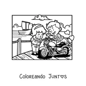 Imagen para colorear una pareja de niños en una cita romántica en el muelle