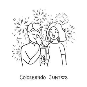 Imagen para colorear de un hombre y una mujer brindando en Año Nuevo con fuegos artificiales de fondo