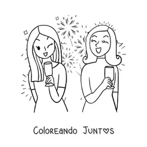 Imagen para colorear de dos chicas celebrando el Año Nuevo