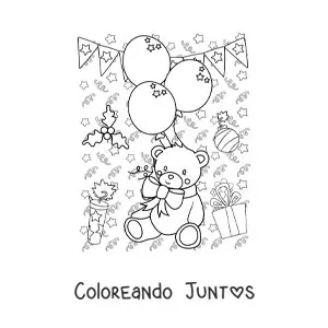 Imagen para colorear de un oso animado con globos de Año Nuevo