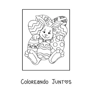 Imagen para colorear de un conejo animado con varios huevos de pascua