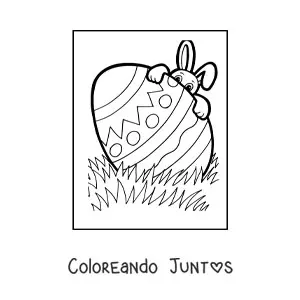 Imagen para colorear de un huevo de pascua gigante y conejo animado escondido