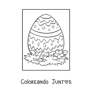 Imagen para colorear de un huevo de pascua sobre el cesped con flores