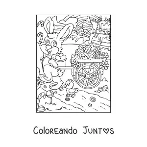 Imagen para colorear de un conejo con uns carretilla llena de huevos de pascua