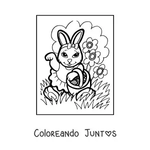 Imagen para colorear de una coneja animada con huevos de pascua y flores
