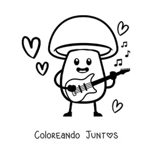 Imagen para colorear de un hongo animado kawaii tocando una guitarra