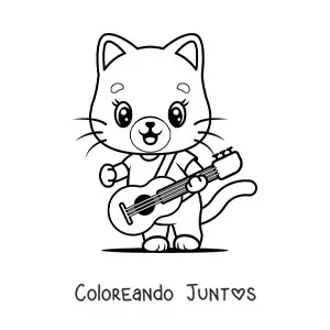 Imagen para colorear de un gato animado kawaii tocando una guitarra