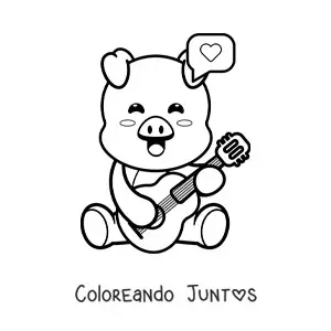 Imagen para colorear de un cerdo animado kawaii tocando una guitarra acústica