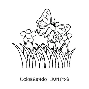 Imagen para colorear de una mariposa volando sobre flores en un campo