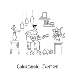 Imagen para colorear de un chico tocando la guitarra en casa