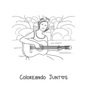 Imagen para colorear de una chica tocando la guitarra en un parque