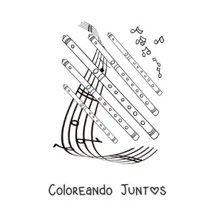 Imagen para colorear de varias flautas sobre un pentagrama con notas musicales