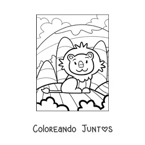 Imagen para colorear de un león animado sentado en un paisaje natural con montañas