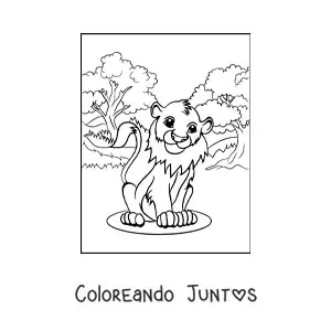 Imagen para colorear de un tierno león pequeño sentado en la sabana