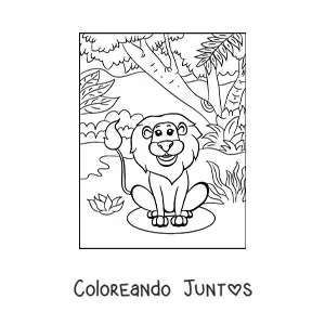 Imagen para colorear de un león sonriente sentado entre la vegetación de la selva