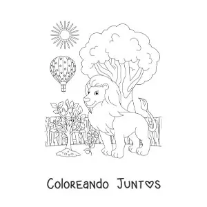 Imagen para colorear de un paisaje de zológico con un león grande y un globo aerostático