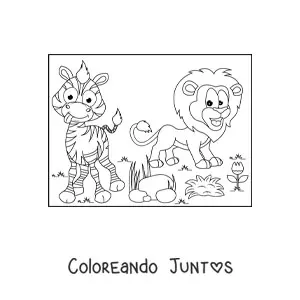 Imagen para colorear de una caricatura de un león y una cebra graciosa