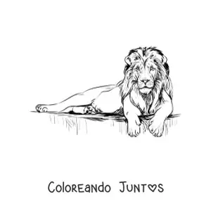 Imagen para colorear de un león realista acostado con la cabeza en alto