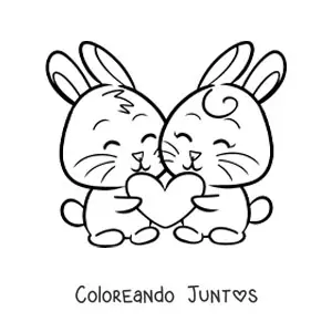 Imagen para colorear de una pareja de conejitos sujetando un corazón juntos
