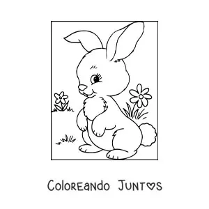Imagen para colorear de un conejito tierno en una pradera con flores