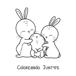 Imagen para colorear de una familia de tres conejos tiernos abrazados