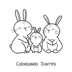 Imagen para colorear de una familia de tres conejos tiernos con ojos cerrados