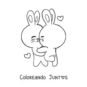 Imagen para colorear de dos conejos tiernos abrazándose con corazones flotantes