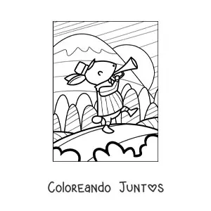Imagen para colorear de una caricatura de un conejo caminando tocando la trompeta