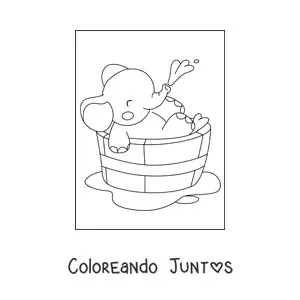 Imagen para colorear de un elefante bebé kawaii dentro de una tina bañándose con la trompa